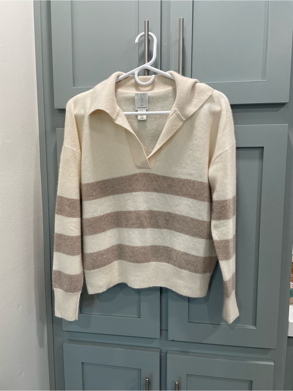 Joie. Cashmere . Ivory and Taupe Striped V-Neck Collared Sweater